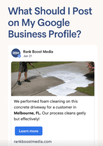 Example of a service business Google post showing a real photo and local city keyword